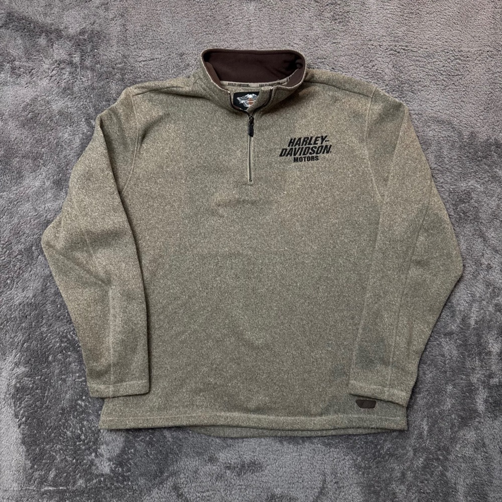 Harley Davidson Mens XL Quarter Zip Pullover Sweater Knit Fleece Olive Tan Logo
